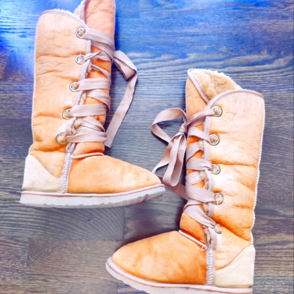 Y2K Boho Festival Love From Australia Tan Nomad Ugg Lace Up Boots 7.5
